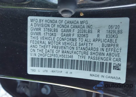 2020 Honda Civic Lx z USA, uszkodzony, nr VIN 2HGFC2F60LH563348